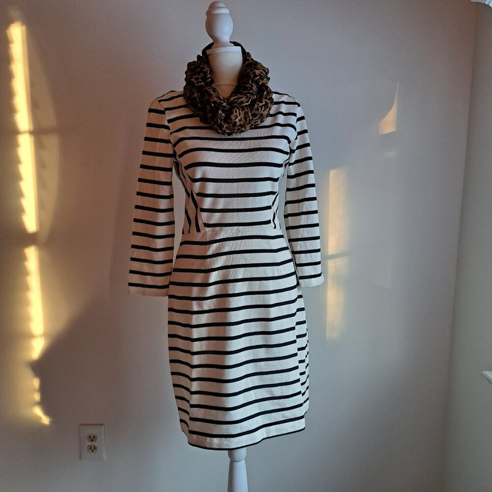 Gap mod dress stripe ivory white black knit boatneck xs fitted stretch